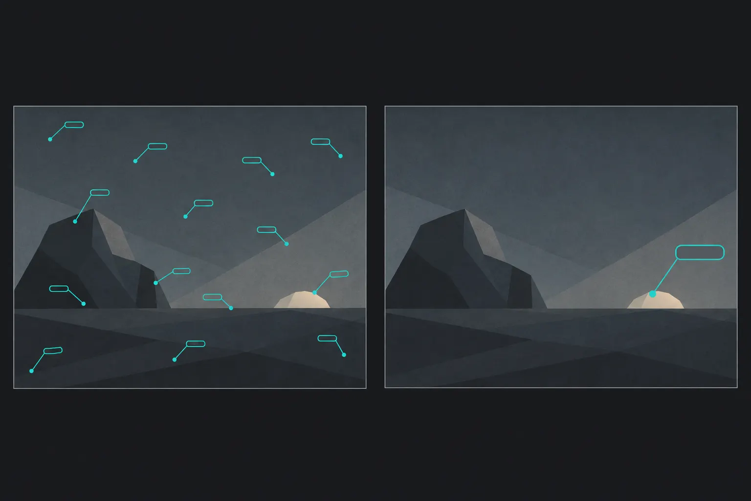 Flat illustration of two identical framed landscapes side by side, a dark faceted rock on the left of each and a small glowing patch on the horizon to the right. The left frame carries about fifteen small blank teal tags pointing at every part of the scene; the right frame carries a single larger teal tag pointing at the glowing patch.