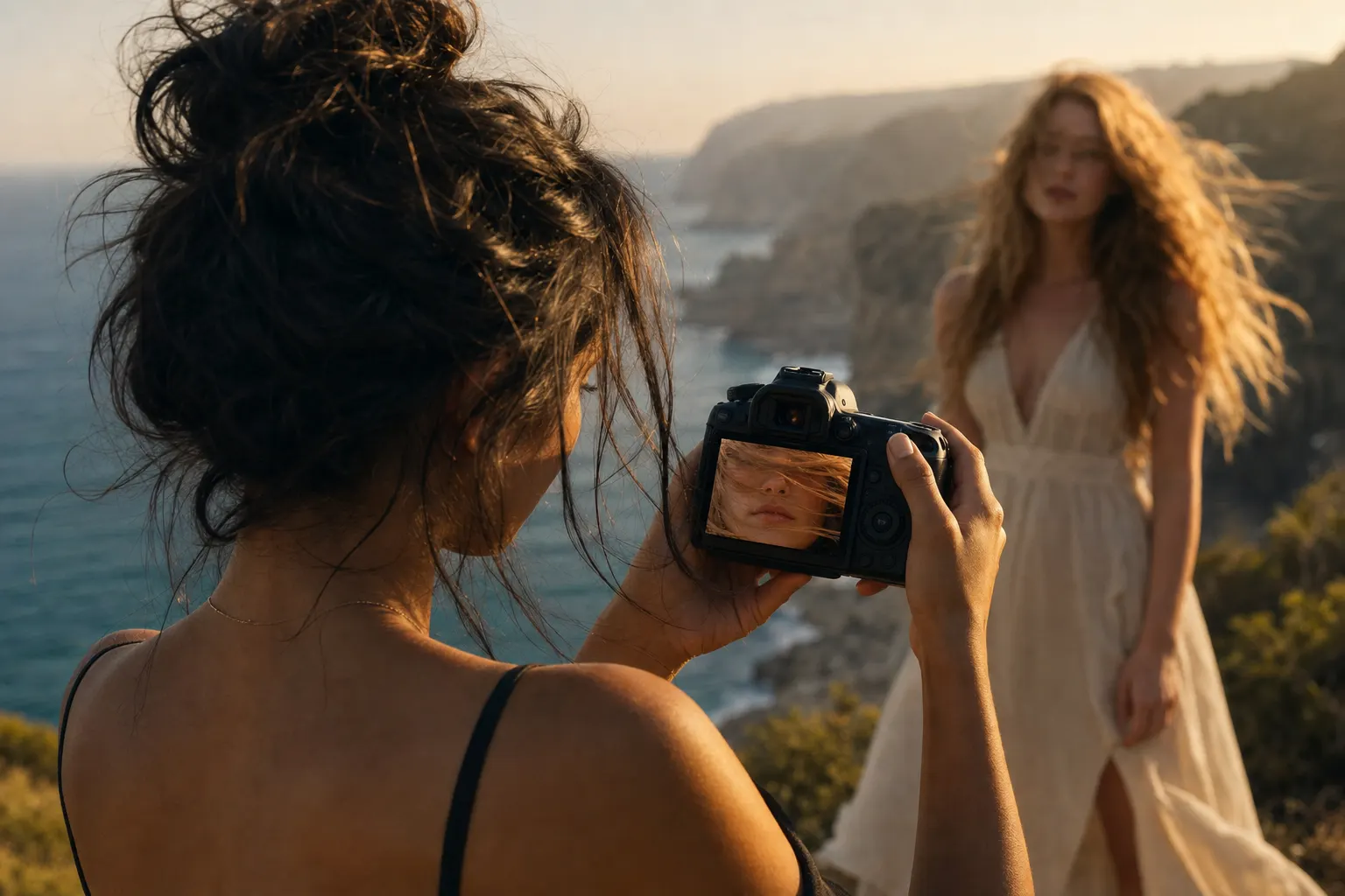 AI-generated photograph seen over a photographer's shoulder on a windswept coast at golden hour: she holds her camera up and its rear screen fills the center of the frame, showing a magnified crop of her subject's face with a thick strand of blown hair lying straight across the eyes, hiding them completely while the nose and mouth stay sharp; beyond her, the woman she is photographing stands waiting in the low sun, long auburn hair lifting in the wind.