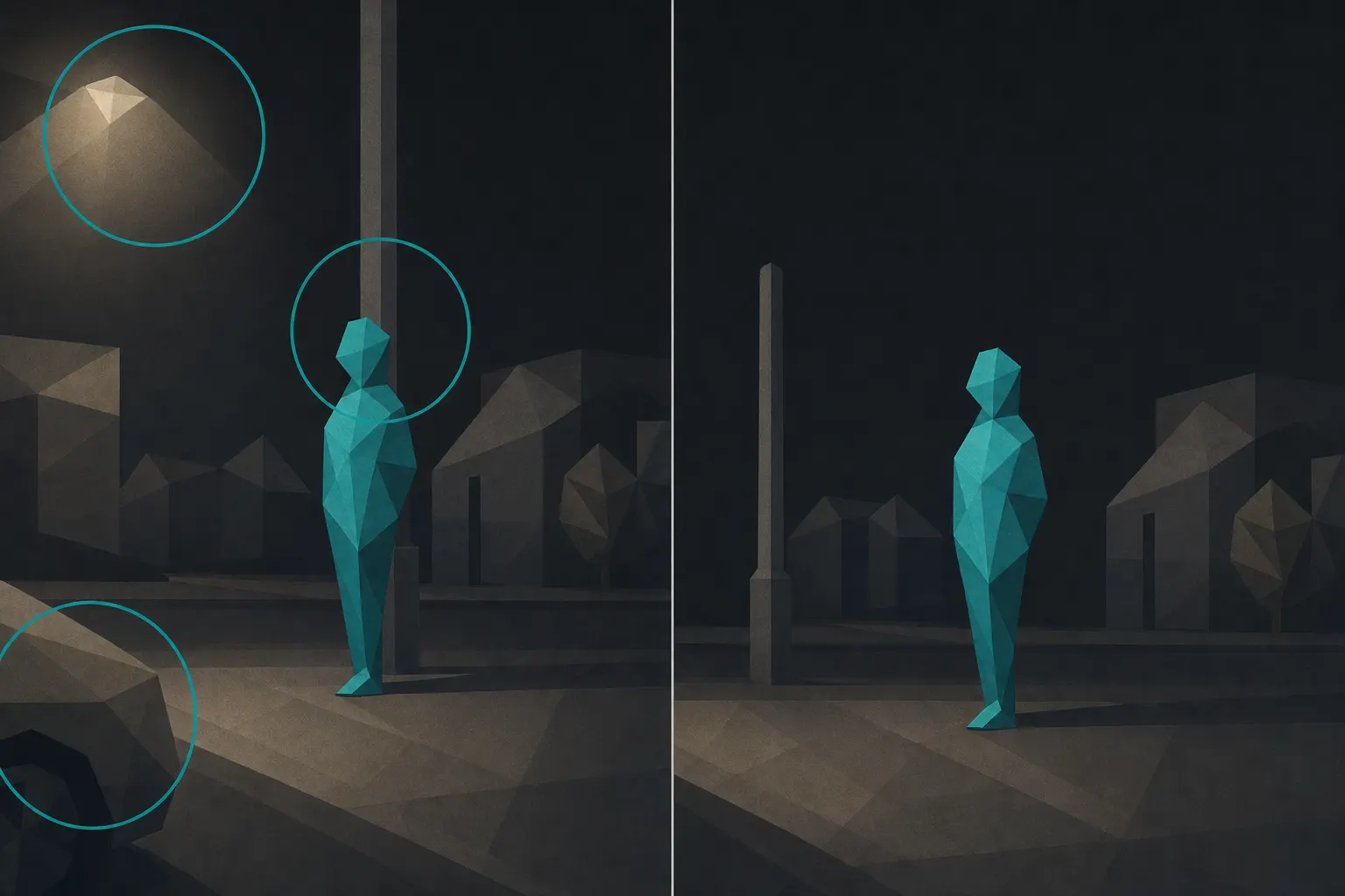 Flat illustration of the same faceted night street shown twice. Left (a 6): a teal figure stands with a pole rising directly out of their head, a glowing lamp patch in the corner and a boulder intruding at the edge, each circled by a teal audit ring. Right (an 8): the same figure a step clear of the pole on the same street (corners quiet, edges empty, nothing ringed).
