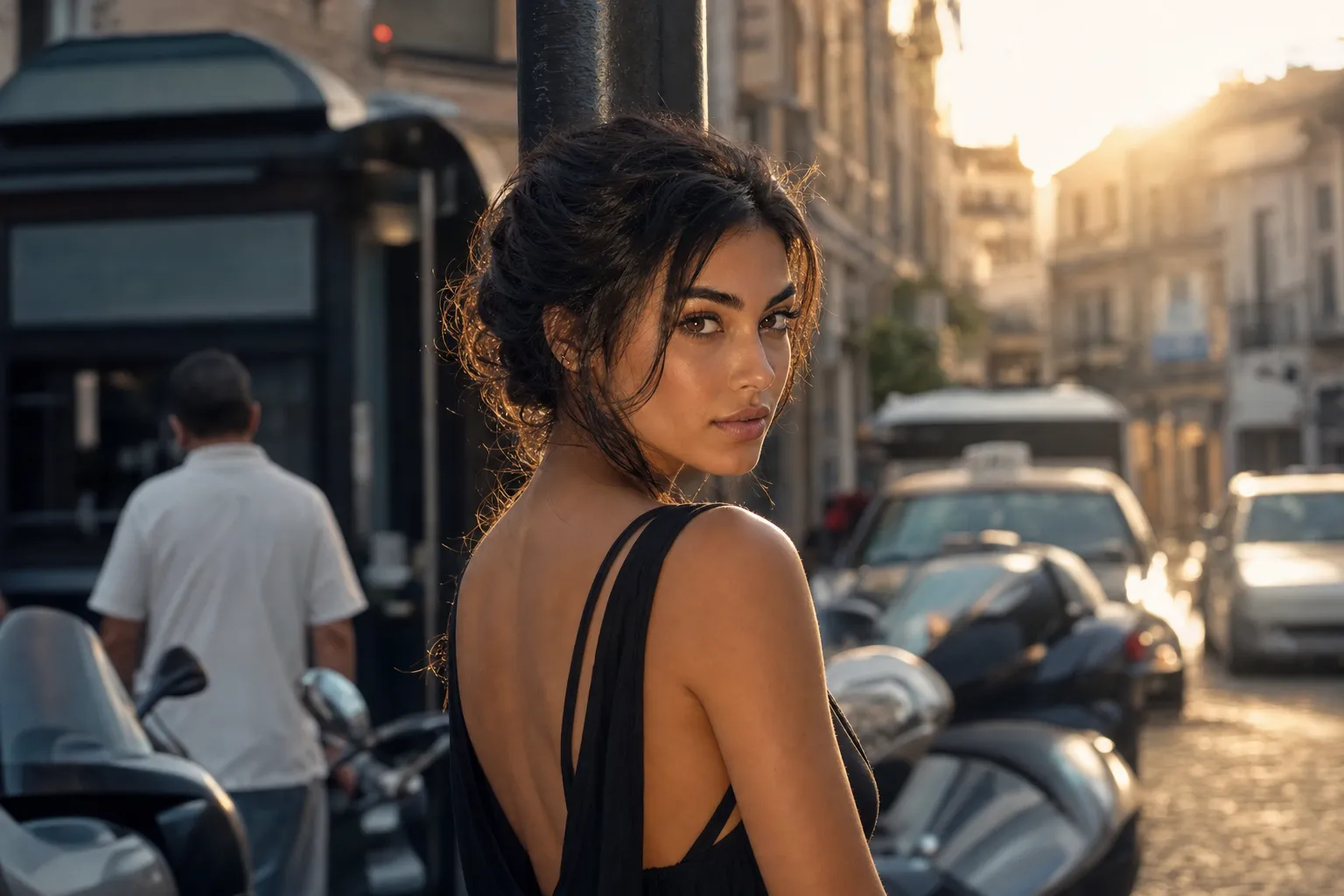 AI-generated image of an elegant woman in a black dress glancing back over her shoulder on a golden-hour street, a dark pole rising directly behind her head, with parked vehicles and a passer-by around her.