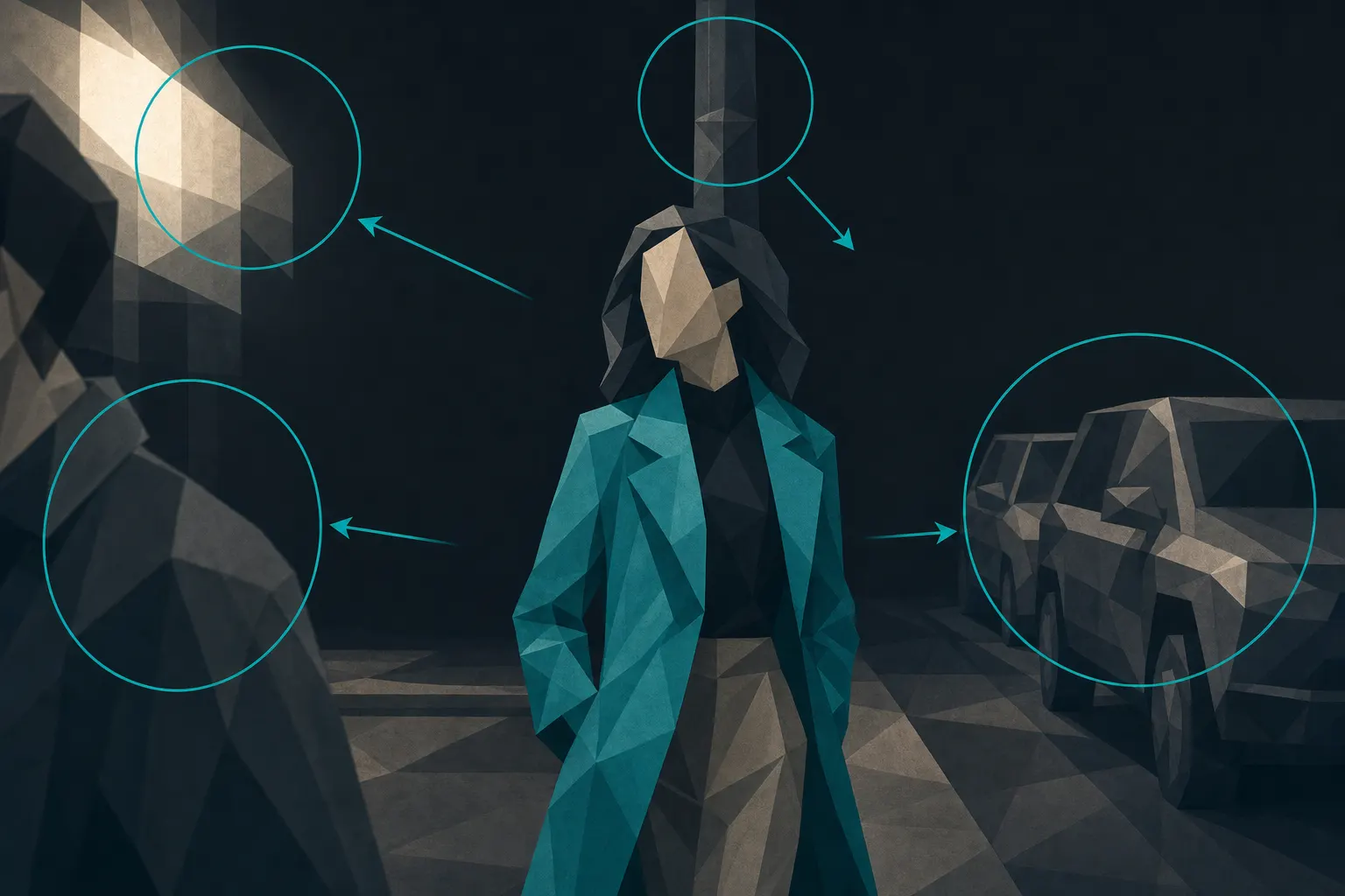 Flat illustration of a faceted woman in a teal coat on a night street, a pole rising directly behind her head, a glowing lamp patch in the upper left, a passer-by at the left edge and parked cars at the right: each distraction circled by a thin teal audit ring with an arrow tugging away from her.