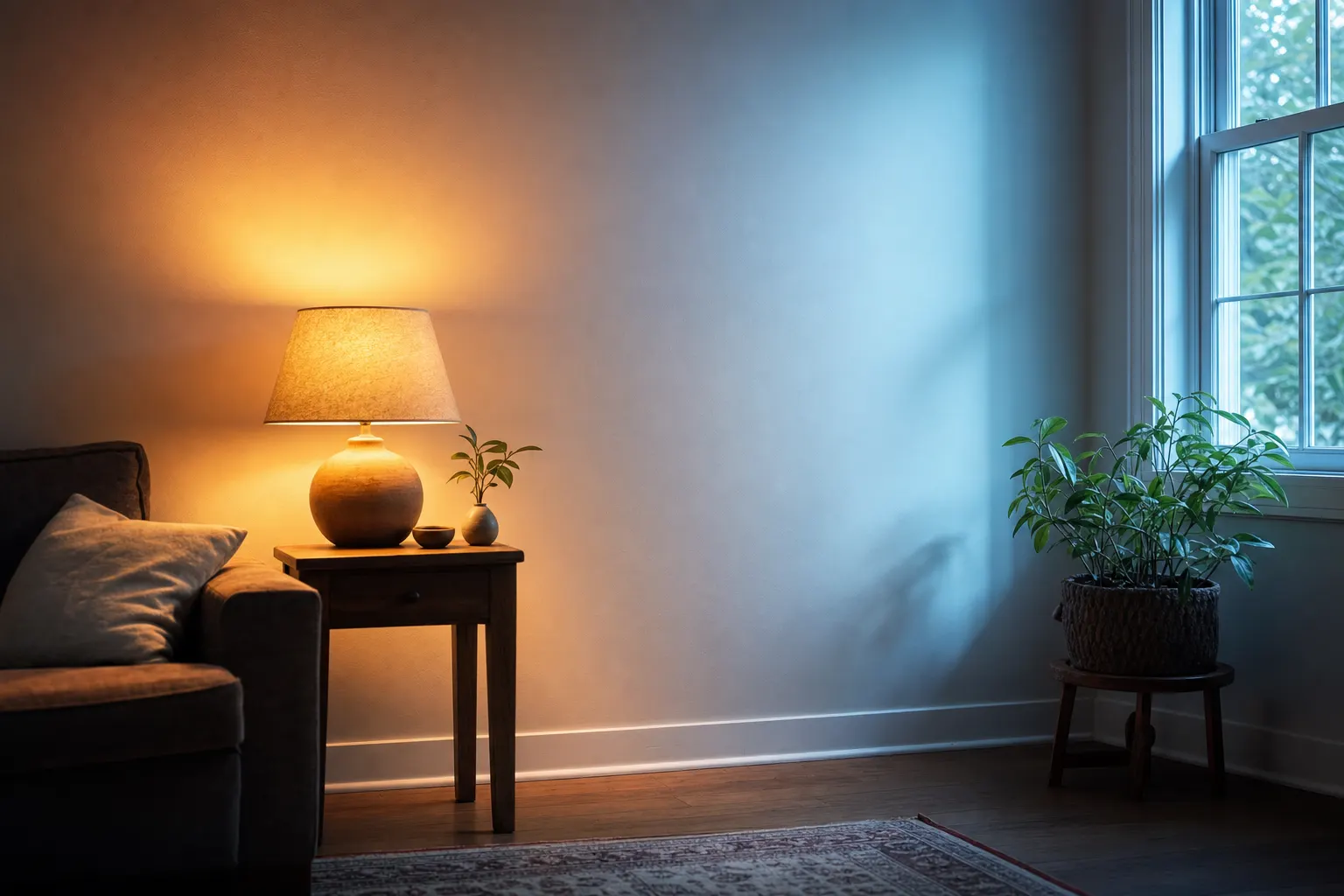AI-generated image of a living-room corner where a warm table lamp washes the left wall amber while cool daylight from the window turns the right wall blue: one white wall carrying two opposite color casts at once.