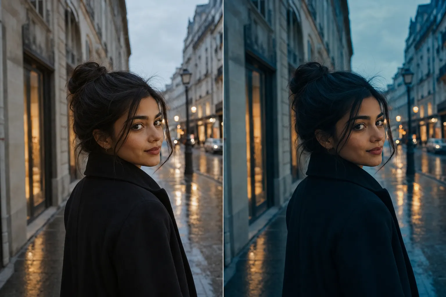 AI-generated image split into two halves showing the same scene of a dark-haired woman in a dark coat glancing back on a wet city street at dusk, glowing shopfronts behind her: the left half neutrally corrected with natural warm lamplight, the right half given a deliberate cinematic grade of cool teal-blue shadows against warm amber highlights.