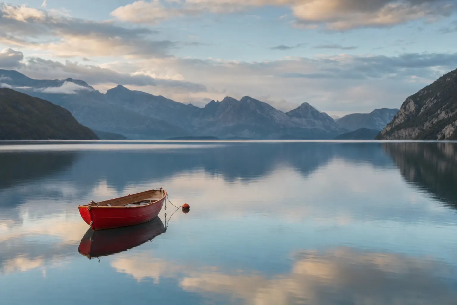 AI-generated image of a single red rowing boat on a calm blue mountain lake at dusk, the water, sky and distant peaks all in quiet, muted blues.