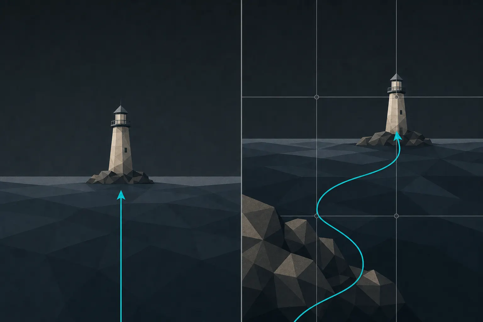 Flat illustration of the same faceted lighthouse seascape shown twice. Left (a 6): the lighthouse sits dead-center with the horizon halving the frame, and a straight teal eye-path arrow rises into the empty middle and stalls. Right (an 8): the same scene re-composed (the lighthouse on the upper-right third under thin thirds guide lines, dark foreground rocks anchoring the lower left, and the teal eye-path curving from the rocks up to the lighthouse and resting there).