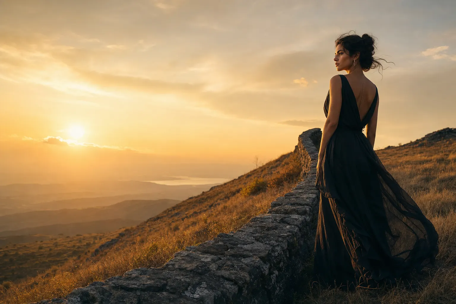 AI-generated fine-art image of a dark-haired woman in a long flowing black dress standing at the right third of a golden hillside at sunset, seen in three-quarter profile with wind lifting the dress, a low stone wall running from the lower-left foreground up to where she stands, the left half of the frame open sky and hazy valley under a low sun.