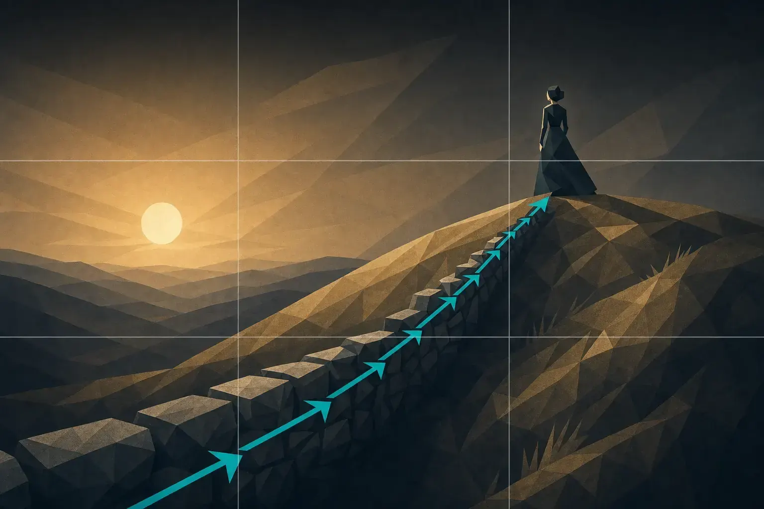 Flat illustration mirroring the lesson's opening photo: a small faceted figure in a long dress on a hilltop at the upper-right thirds intersection, a low sun over layered hills at the left, and a teal chevron arrow riding the stone wall from the lower-left foreground uphill to the figure, under thin rule-of-thirds guide lines.