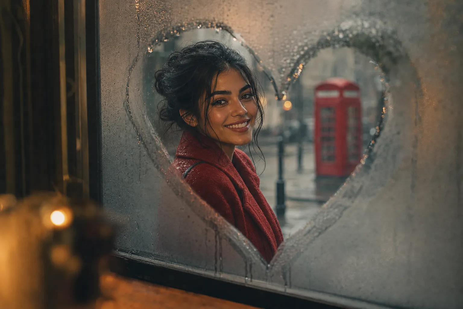 AI-generated image, a tender fine-art photograph shot from inside a warm café: on a rain-fogged window a heart has been wiped clear in the condensation, and framed within that heart a dark-haired woman in a vivid red wool coat stands outside in the rain, looking in at the camera with a warm, radiant smile, while far down the street behind her a single red phone box echoes the red of her coat, the two reds the only saturated notes in a muted, rainy frame.