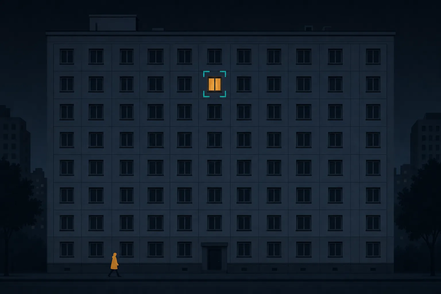 Flat illustration of a plain dark apartment building at night, a uniform grid of identical unlit windows, with a teal viewfinder bracket singling out the one warmly lit window, while a small figure in a matching amber coat walks past below.