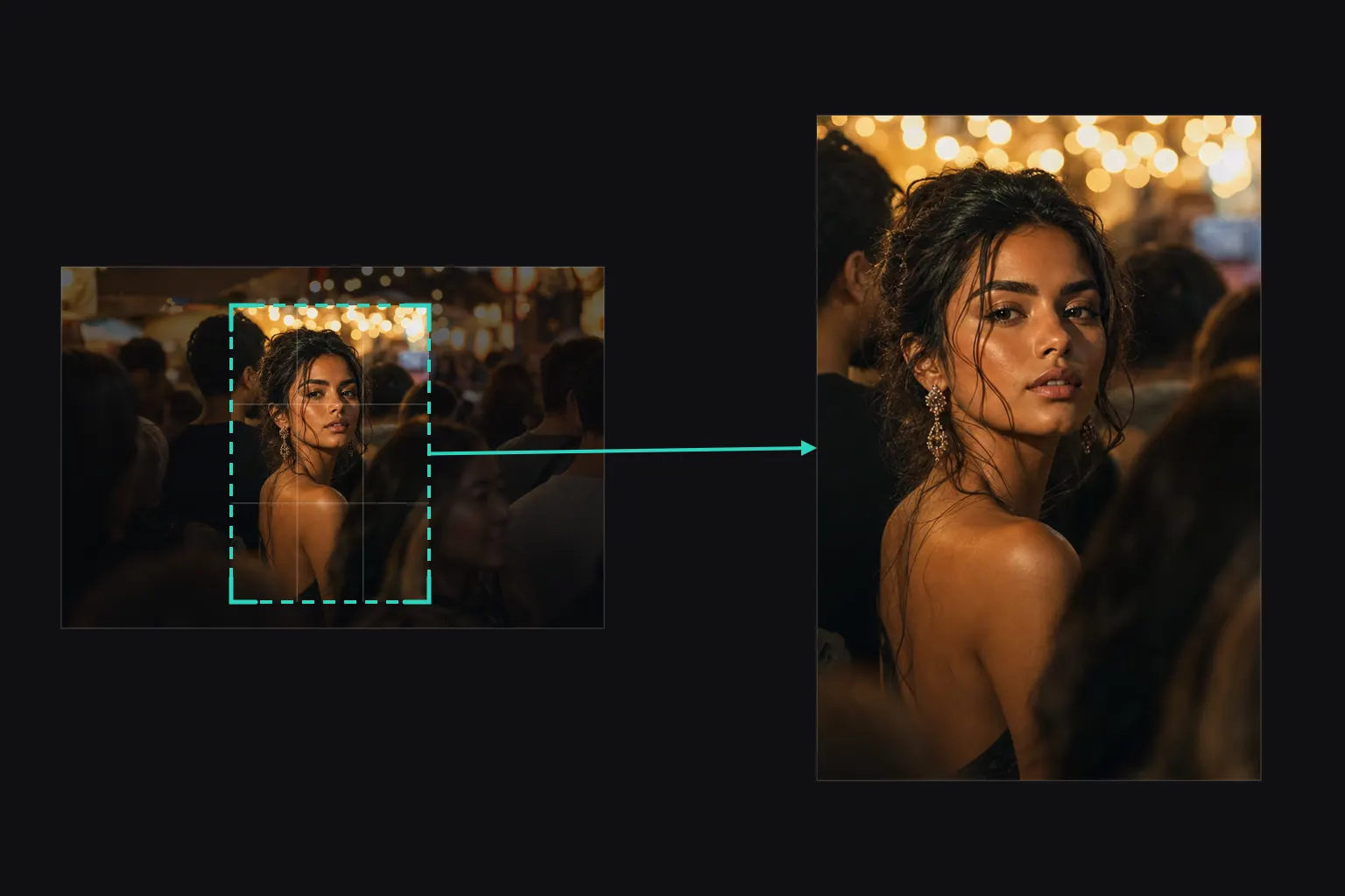 AI-generated image, a real before/after: on the left a dark, crowded night festival packed with people and warm bokeh lights, with a dashed teal crop-frame drawn around a dark-haired woman lost among the crowd; on the right the tight crop lifts her out into a warm, intimate portrait, the surrounding people fallen to soft golden bokeh behind her.