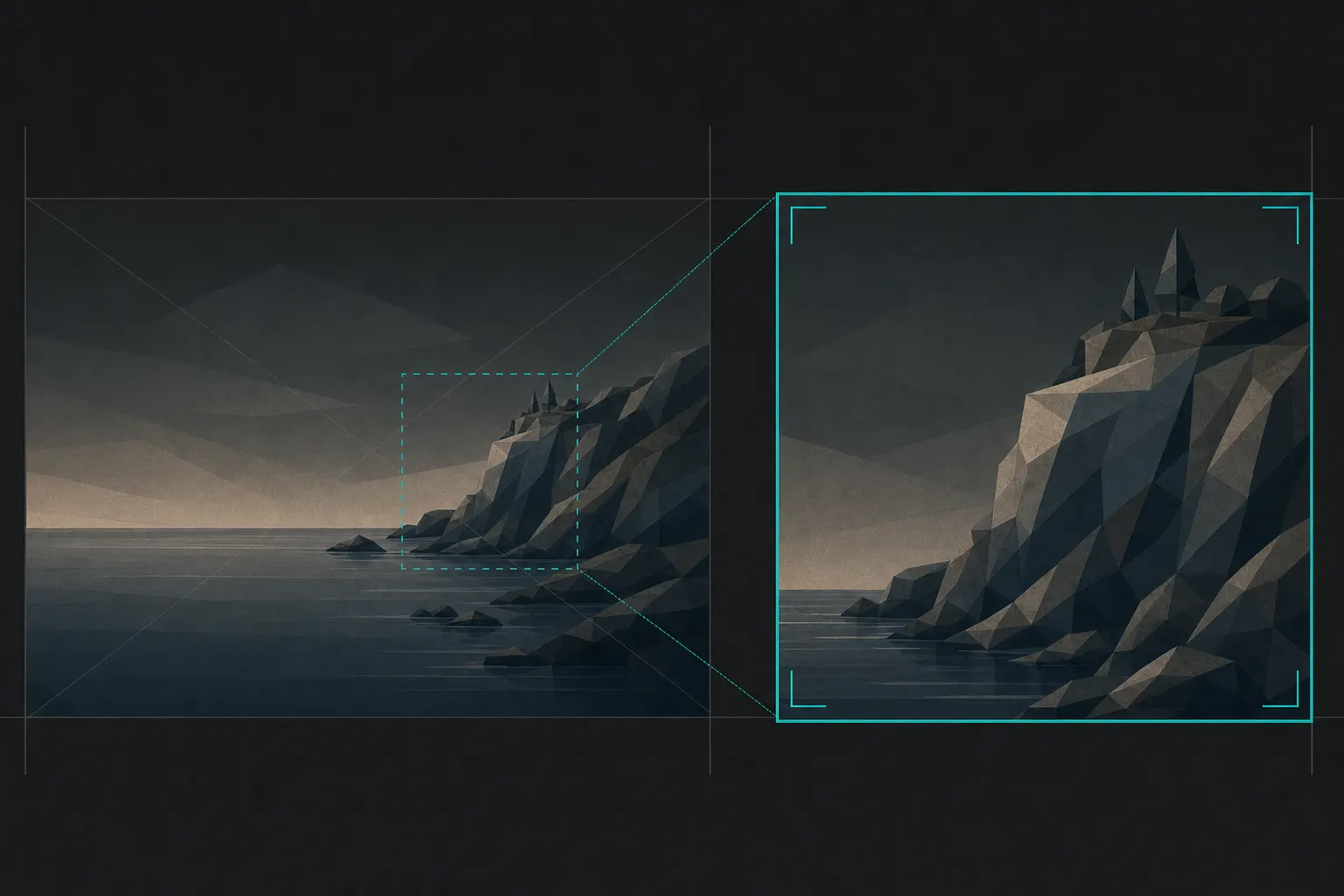Flat illustration of a faceted rocky coastal headland shown twice: the full seascape carries a dashed teal crop-frame around the headland, and the tighter crop is enlarged to the right inside teal corner-marks.