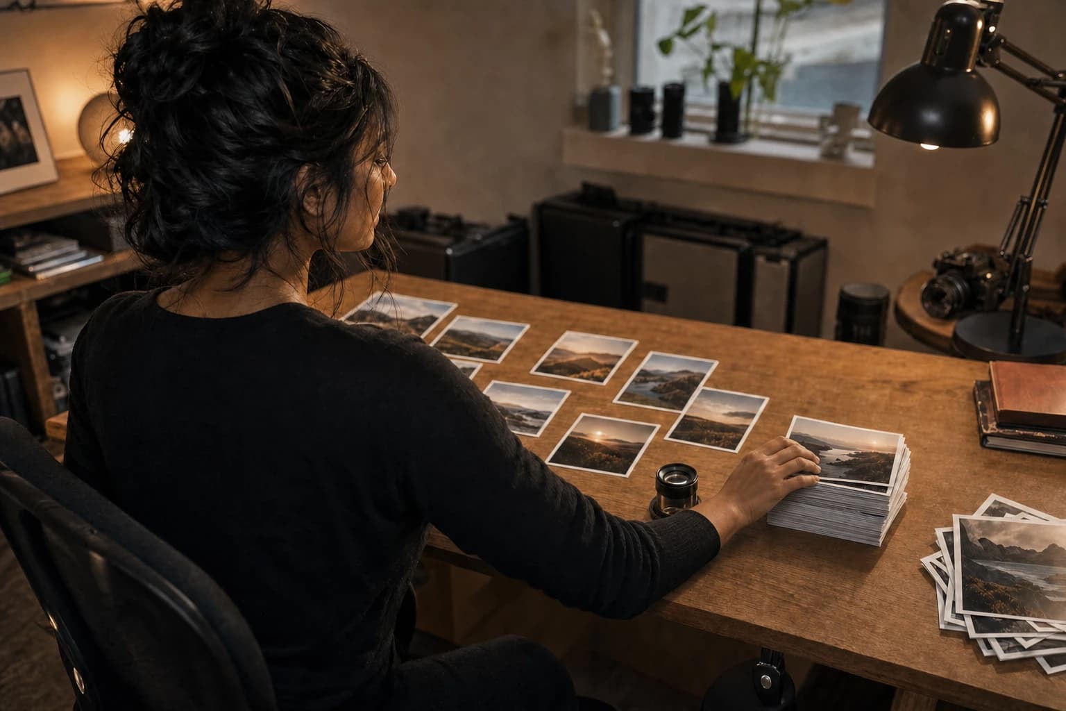 AI-generated image seen over the shoulder of a dark-haired woman in a black top at a warm wooden desk: small printed landscape photographs (ridgelines, a lake, a low sun over a valley) laid out across the tabletop in a loose overlapping grid with a small loupe standing among them, her hand resting on a thick stack of more prints at the right and a loose fan of others spilling past it; behind her a lit desk lamp, stacked camera cases, and a window sill of lenses and a plant.