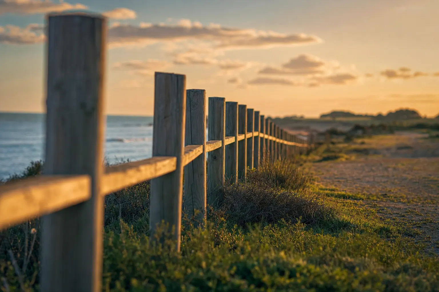 AI-generated image of a weathered wooden fence receding along a coastal path at sunset: a band of posts in the middle distance rendered sharp while the nearest post and the farthest posts fall progressively out of focus.