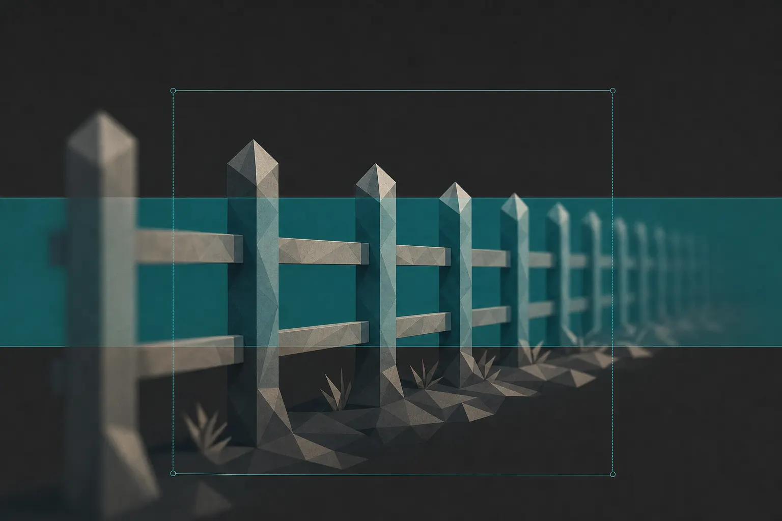 Flat illustration of a row of fence posts receding into the distance; a translucent teal band across the middle marks the sharp-focus zone: the posts inside it crisp, the nearer and farther posts progressively blurred.