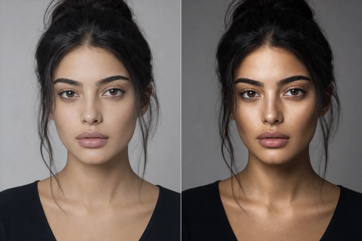 AI-generated image split into two halves showing the same close front portrait of a dark-haired woman in a black top against a grey backdrop: the left half evenly and flatly lit so her face reads soft and dimensionless, the right half the same face after dodge-and-burn, with the cheekbones, brow, nose bridge and collarbone lifted brighter and the sides of the face and the hollows deepened into shadow to sculpt the form.