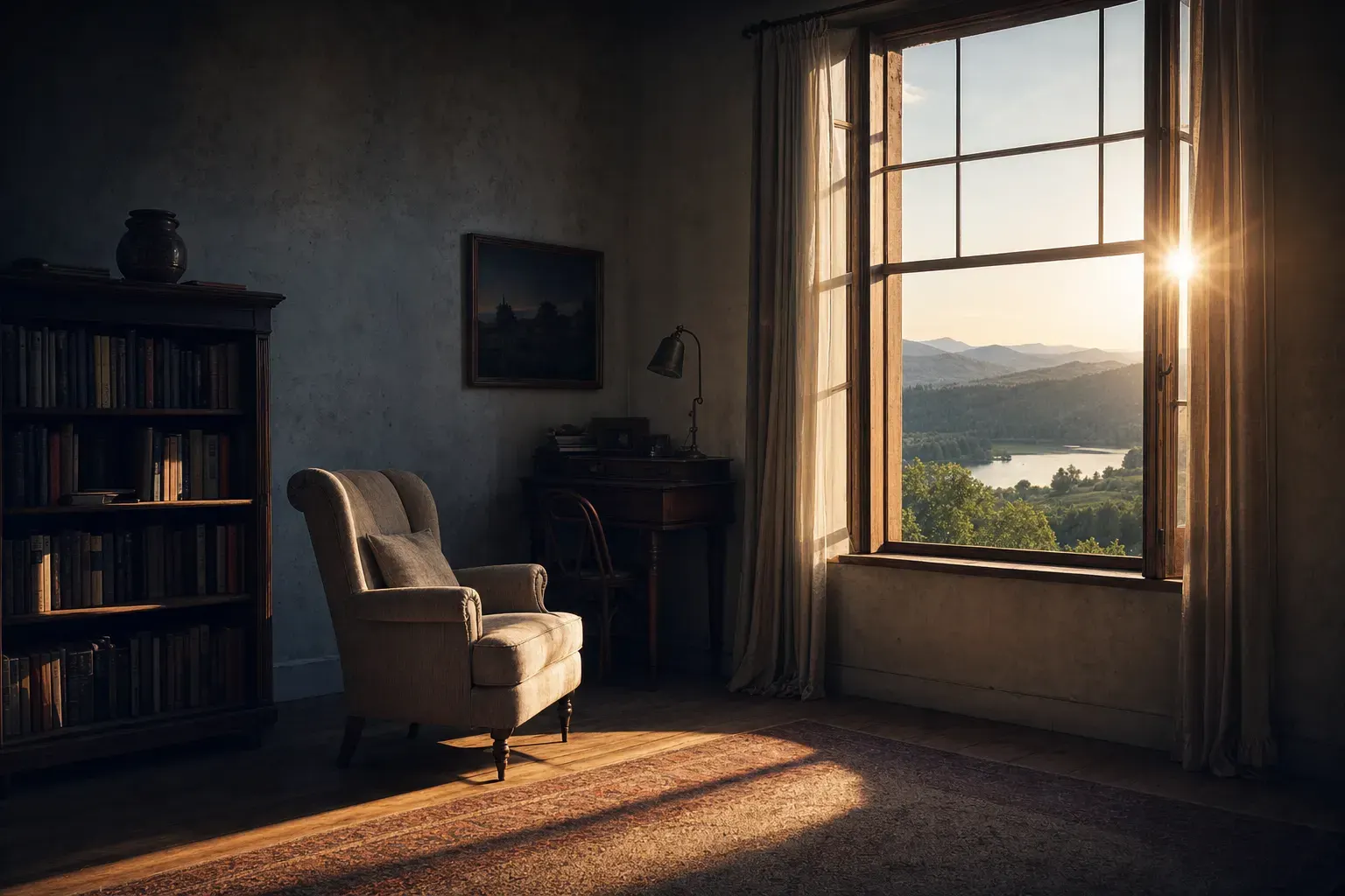 AI-generated image of a dim room with a bookshelf and armchair beside a large window where the sun flares over a bright sunlit valley outside: a scene spanning deep interior shadow to brilliant highlight.