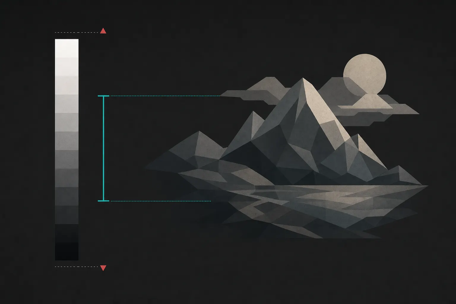Flat diagram: a tall black-to-white gradient bar, the scene's full tonal range, beside a shorter teal 'container' bracket for what the sensor or print can hold; the brightest and darkest ends of the bar extend past the bracket and are marked clipped in red.