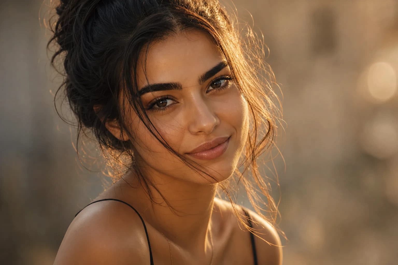 AI-generated image of a dark-haired woman turned toward the camera with a soft, closed-lip half-smile that still carries the laugh in her eyes, loose strands of hair blown across her cheek, low golden sunlight rimming her hair and the edge of her face against a warm, softly blurred background.