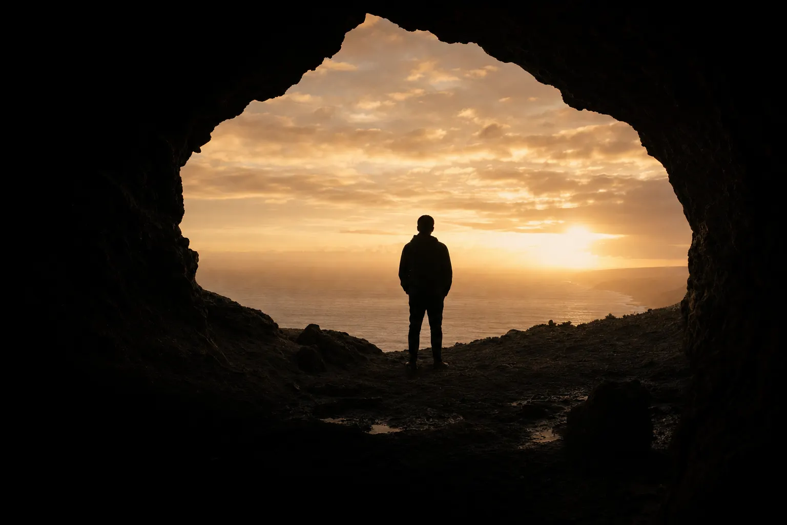 AI-generated image of a man standing in silhouette at the mouth of a dark sea cave, facing a golden sunset: the sky and water rich and luminous while the rock walls and the figure fall to near-black.