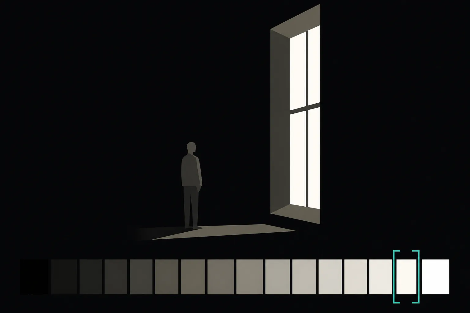 Flat illustration of a bright window in a dark room above a black-to-white tonal scale, with a teal bracket marking the key tone placed just inside the bright end.