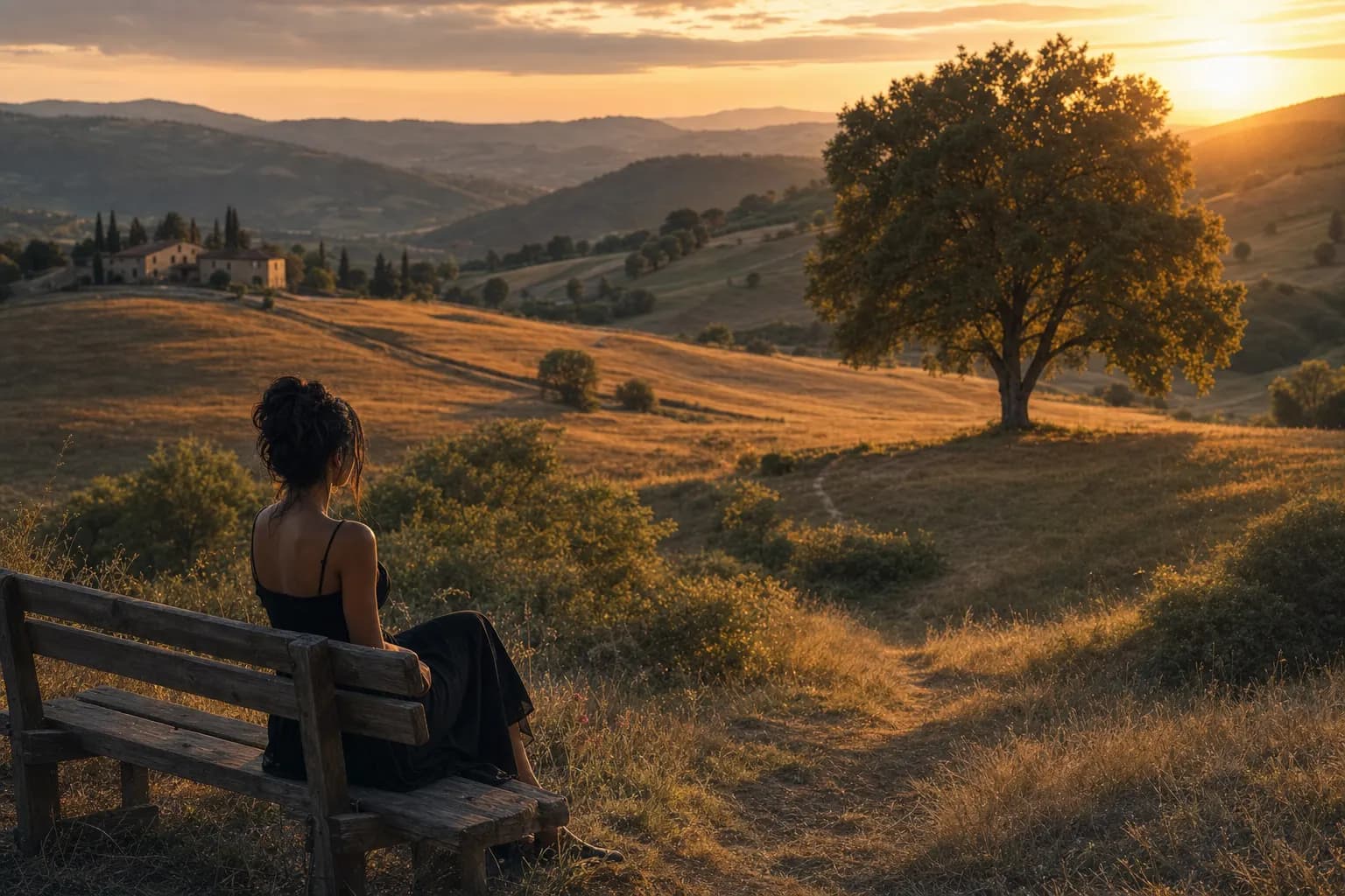 AI-generated image of a golden-hour valley: a dark-haired woman with her hair in a loose bun sits on a weathered wooden bench at the lower left, seen from behind, gazing across a golden meadow toward a single sunlit tree on the right, a farmhouse on a distant hill at the upper left.