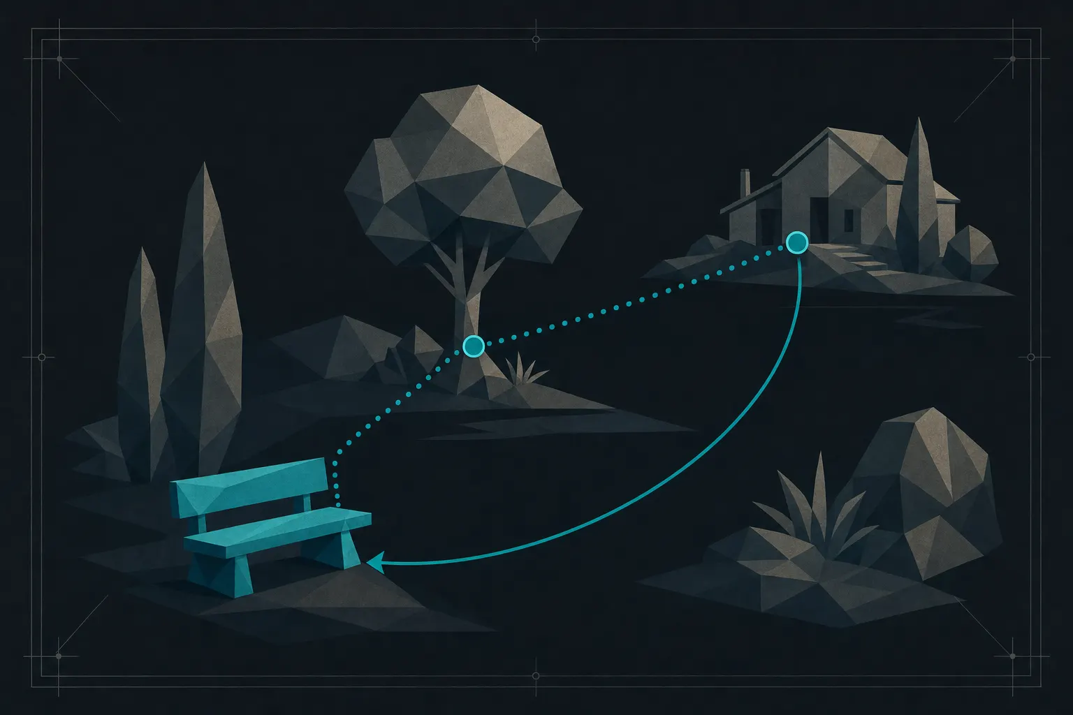 Flat illustration of a framed scene (a bench, a tree, and a distant house) with a teal dotted path marked by three dots rising from the bench to the tree to the house, then a solid teal arrow curving all the way back to the bench.