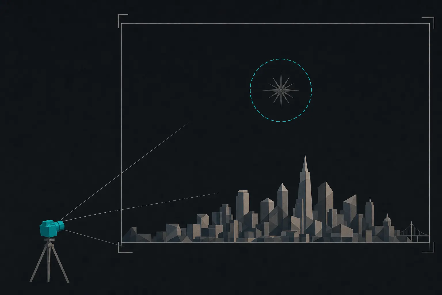 Flat illustration of a camera on a tripod at the lower left aimed into a large framed view: a faceted night skyline and bridge sit low along the frame's bottom edge while a dashed teal circle high in the empty sky rings a starburst (the patch of sky the shot is framed around before any burst arrives).