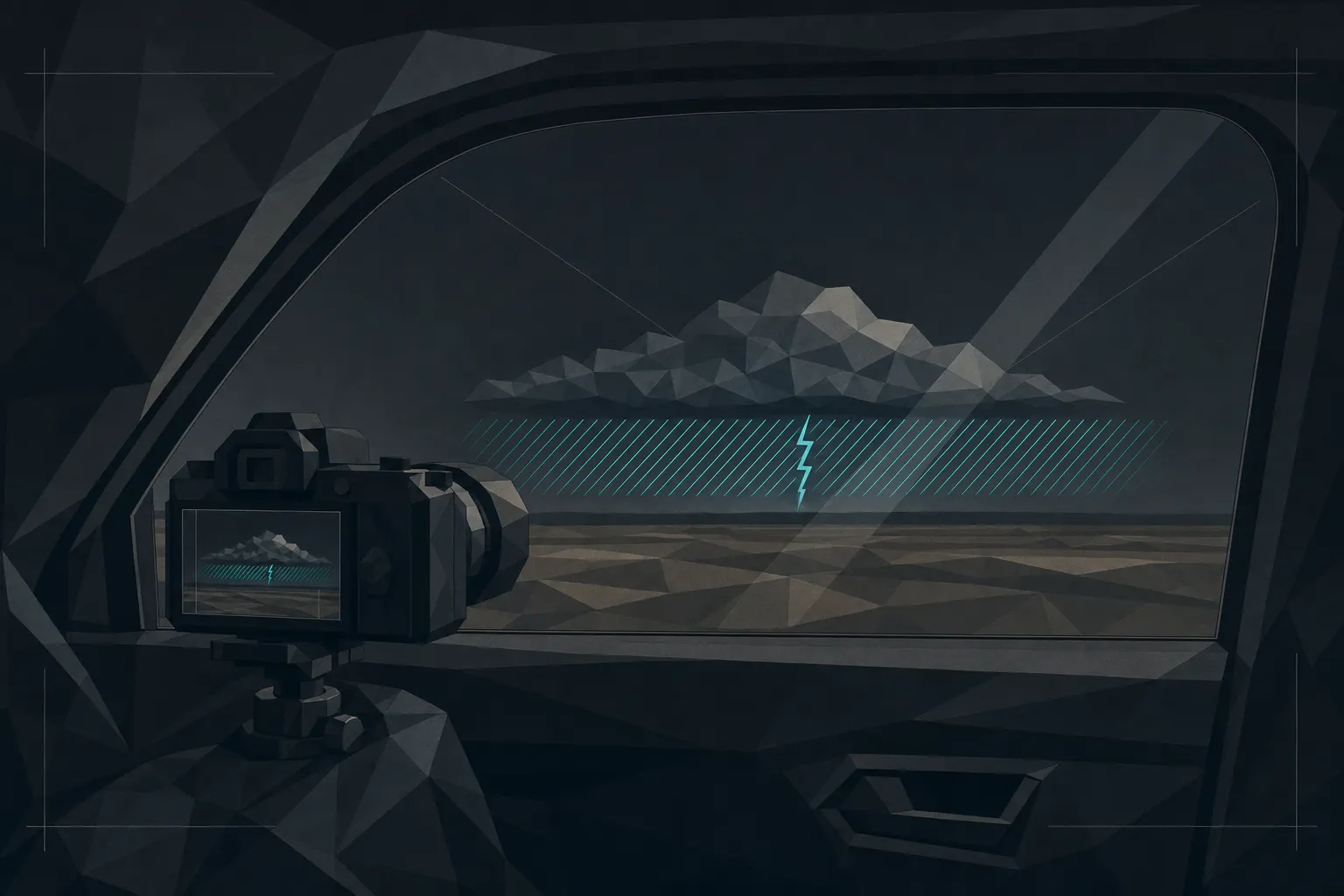 Flat illustration seen from inside a sheltering car: a dark faceted window frame and door edge fill the foreground with a camera braced at the closed glass, aimed out at a small, distant faceted storm cell low on the horizon; a teal dashed band spans the gap between the far cloud base and the ground with one geometric lightning bolt dropping through it, and a faint diagonal streak on the glass reads as the window.