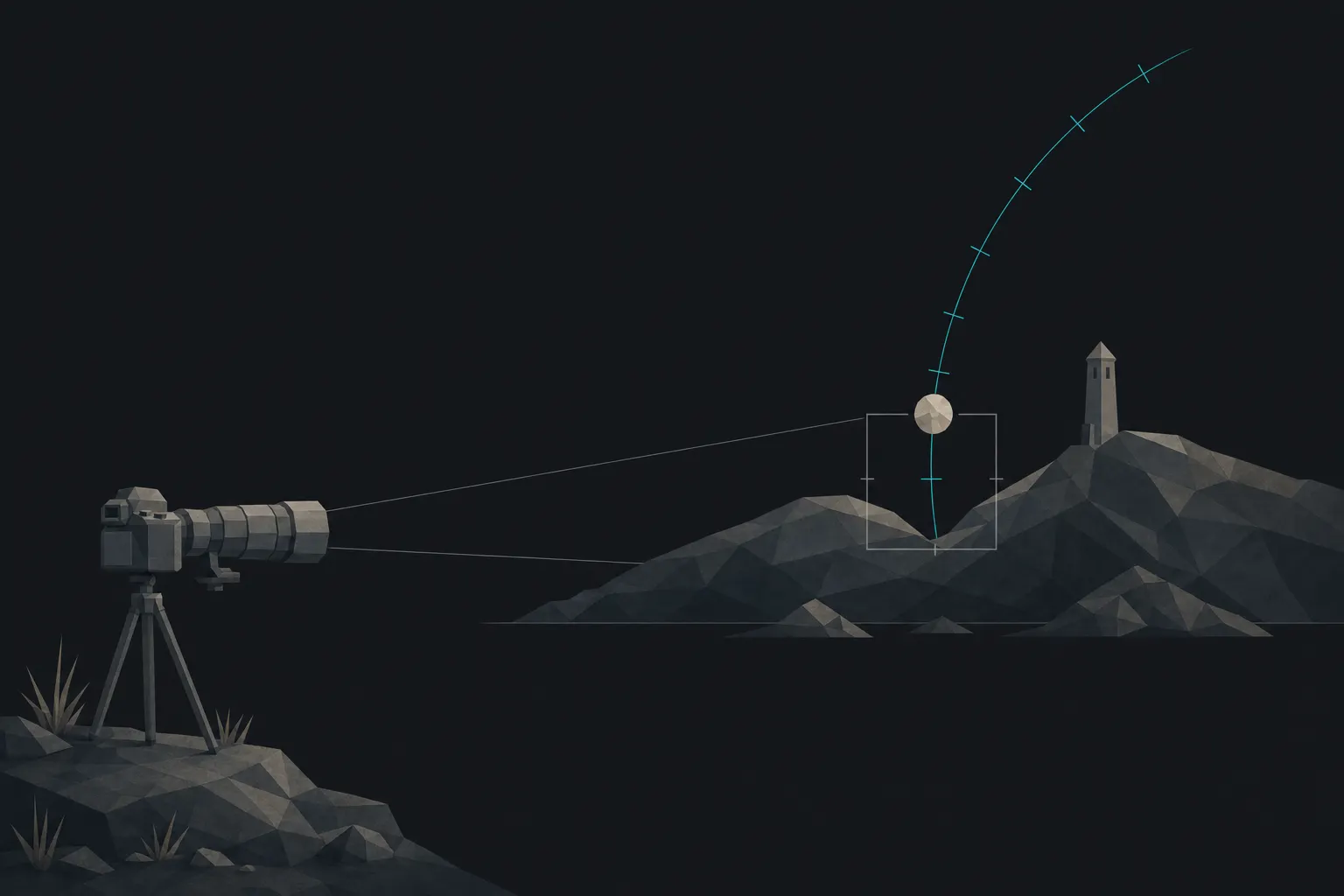 Flat illustration of a camera with a long telephoto lens on a tripod at the lower left, its sight lines closing on a small bracketed target frame set in the notch between two dark faceted hills, where the moon is rising along a tick-marked teal arc past a tower on the far hill.