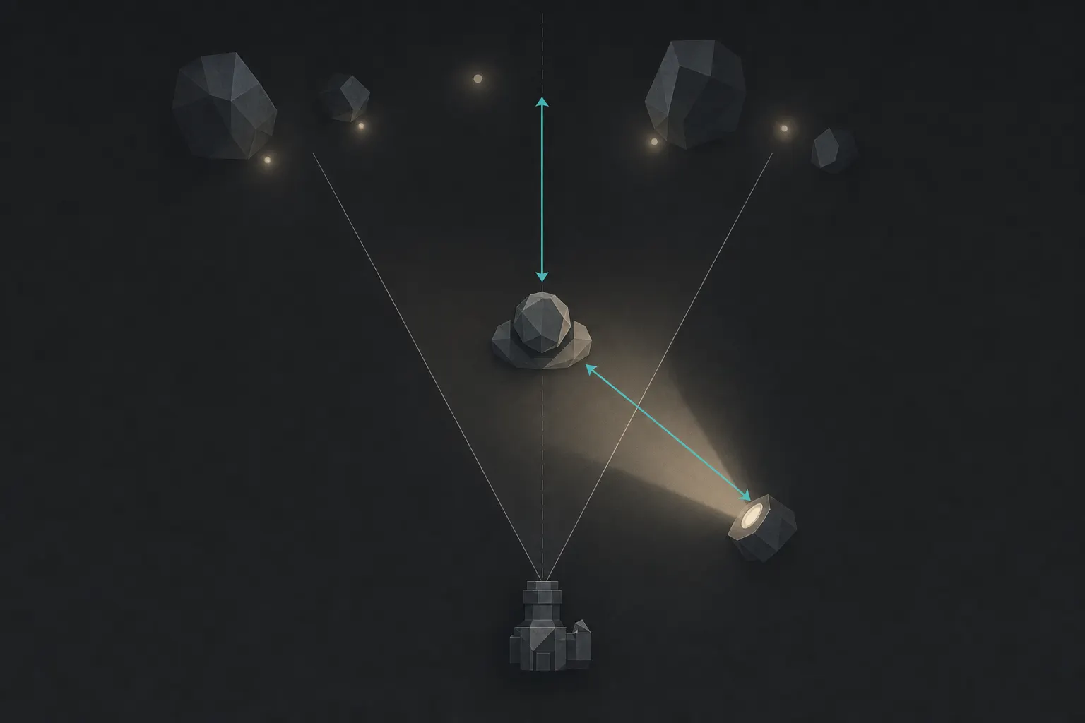 Flat overhead staging diagram for a night portrait: a camera at the bottom looks up a dashed center line to a rounded boulder standing in for the subject in mid-frame, an off-camera flash at the right throws a warm beam onto it, and faceted rocks dotted with warm lights sit far beyond; teal double-headed arrows measure the flash-to-subject and subject-to-background distances.