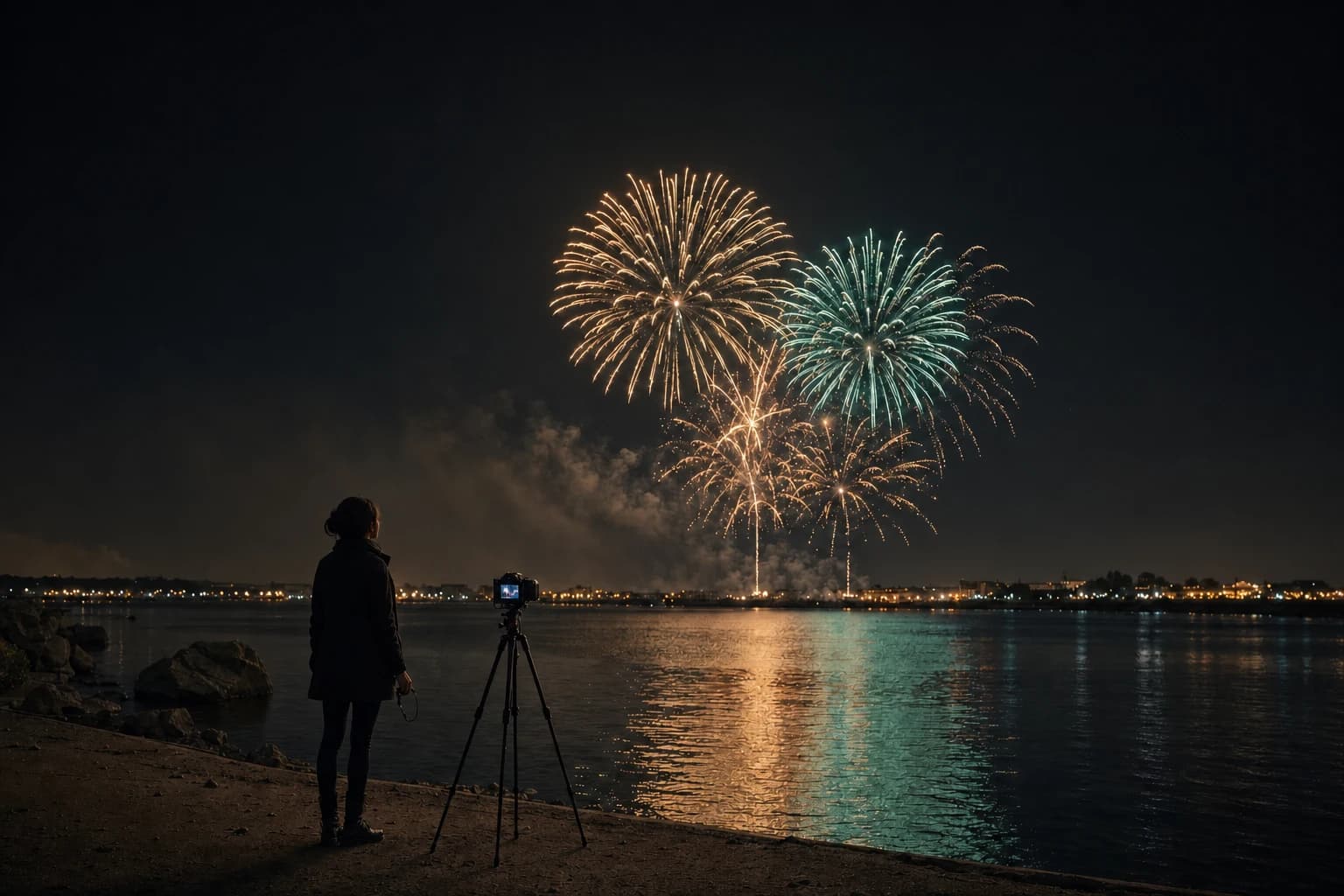 AI-generated image of a dark-haired woman silhouetted on a riverside embankment at night, standing a step back from her tripod-mounted camera with both hands clear of it and a cable release in the hand at her side, her face turned up toward the sky. Gold and green fireworks burst complete above the far shore, mirrored in long streaks down the water past the lights of the town, while the camera's live screen holds the frame she has set.