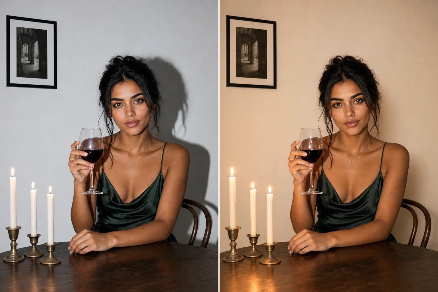 AI-generated two-panel comparison of one scene lit two ways: in both panels the same dark-haired woman sits at the same dark wooden table in a dark green satin dress, holding a glass of red wine near her shoulder, with the same three white candles in brass holders beside her and the same black-framed print on the pale wall behind. Left: harsh frontal light and a hard-edged dark shadow of her head and shoulders stamped on the wall, the candle flames giving off no glow. Right: no wall shadow, the same candles now burning warmly and pooling light across the same tabletop.