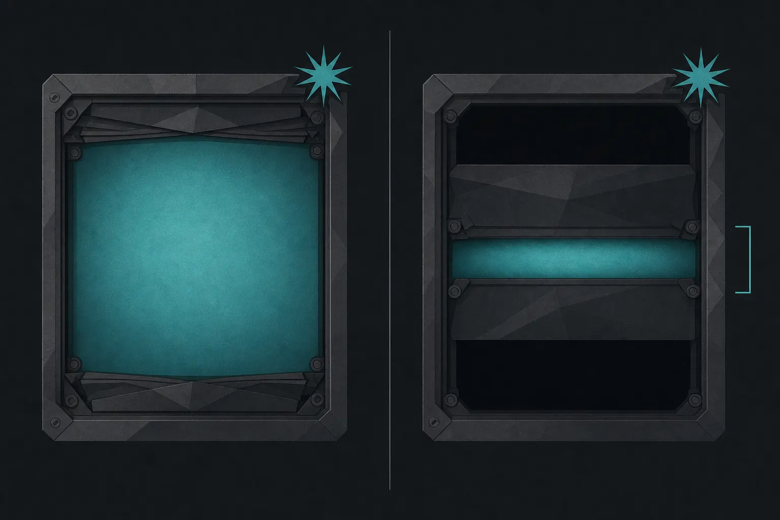 Flat two-panel diagram of a camera's focal-plane shutter: on the left both curtains are fully retracted and a teal flash burst at the corner fills the whole open frame with an even glow; on the right the curtains are caught mid-travel, the same burst lighting only the narrow horizontal band between them, marked by a thin teal bracket, while the rest of the frame stays black.