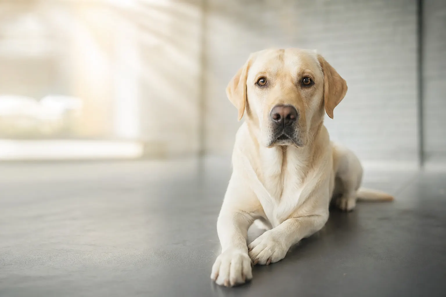 AI-generated image of a pale Labrador lying on a smooth floor, its face and eyes rendered tack-sharp while the sunlit room behind it falls softly out of focus.