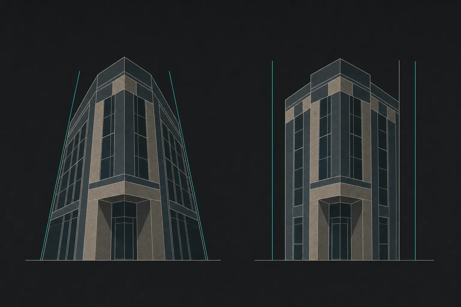Flat two-panel line drawing of the same faceted building: on the left its vertical edges lean inward toward the top between tilted teal guide lines marking the keystone distortion; on the right the same building with its verticals corrected to true parallel, the teal guide lines running straight up.