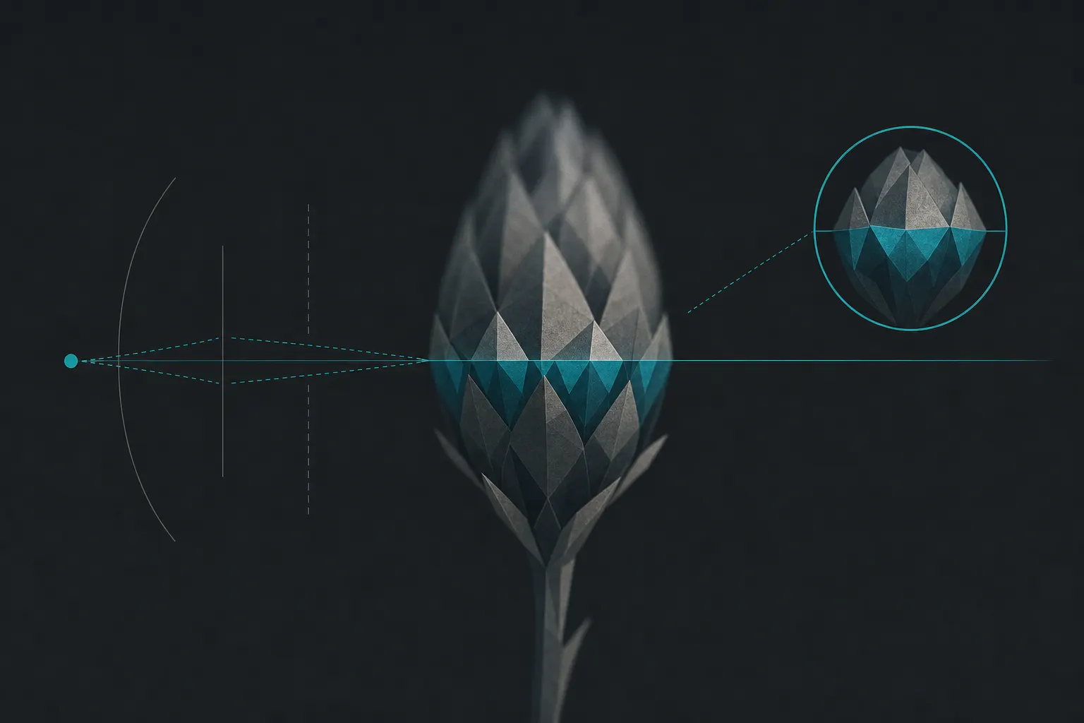 Flat diagram of a faceted flower bud sliced by a razor-thin teal focal plane: only the narrow band at the plane is sharp while the bud blurs above and below; a lens-optics sketch at the left traces the light path and a teal loupe inset magnifies the in-focus slice.