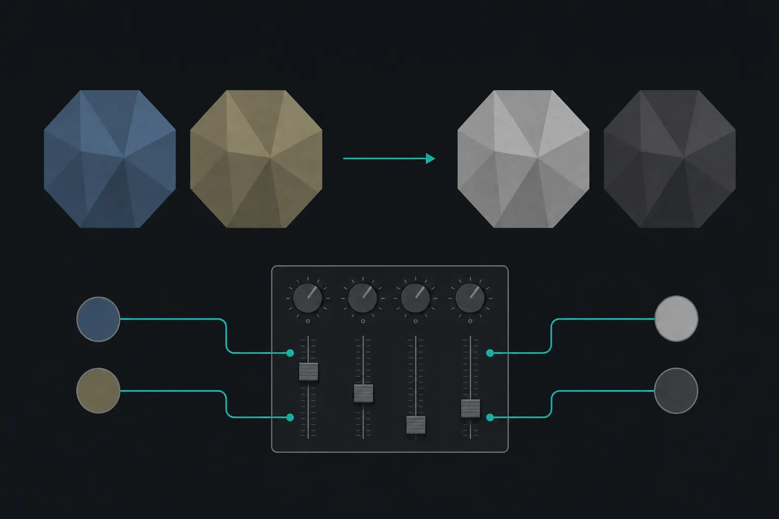 Flat channel-mixer diagram: a blue and an olive faceted swatch of equal brightness, an arrow pointing to their black-and-white versions pulled apart into a distinctly lighter and a darker grey, above a mixer panel whose teal-wired sliders map each hue to its own tone.