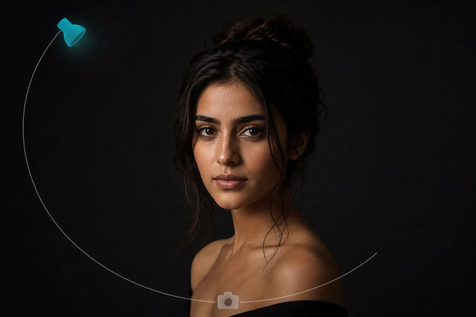 AI-generated image of a woman's face and shoulders, lit by a single teal lamp glyph at the 45-degree position on a lamp-placement arc, the loop-light setup, with a camera glyph marking the shooting position below.