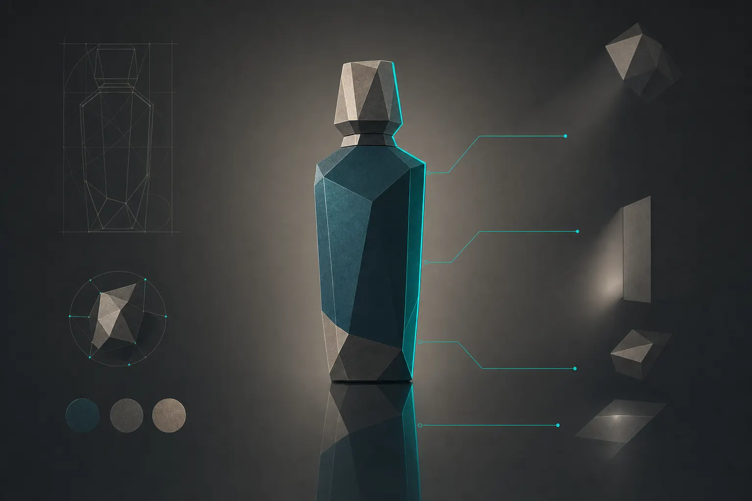 Flat studio-lighting diagram of a faceted perfume bottle on a reflective surface: a construction sketch at the left, lighting-modifier thumbnails at the right connected by thin teal callout lines to the highlights they create, and a soft mirror reflection beneath the bottle.