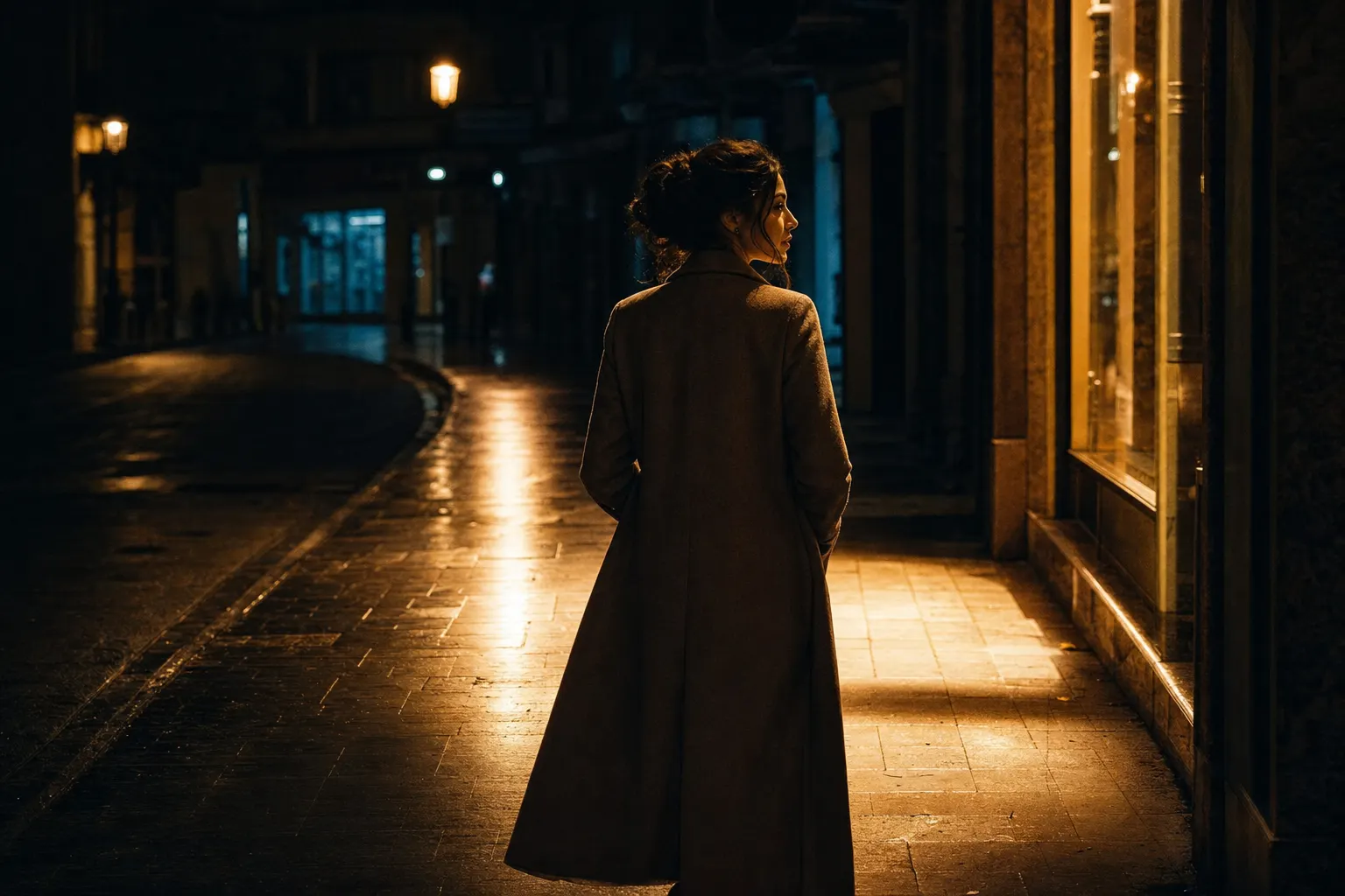AI-generated image of a woman in a long coat on a night street, lit warm amber by a shop window while the street beyond her falls into cool blue-teal: one frame split between complementary warm and cool light.