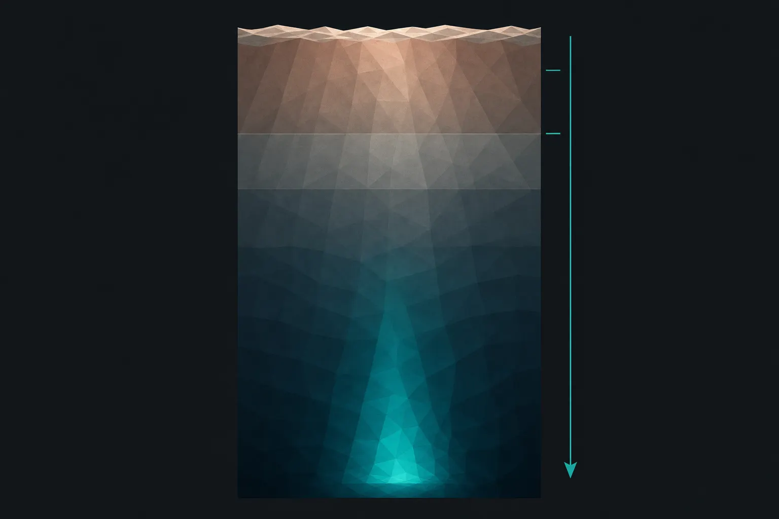 Flat diagram of a vertical column of water from bright surface to dark depth: warm red-beige tones just under the surface fade band by band into grey, while a single luminous teal glow survives into the deep lower third; a thin teal arrow down the right edge marks increasing depth.