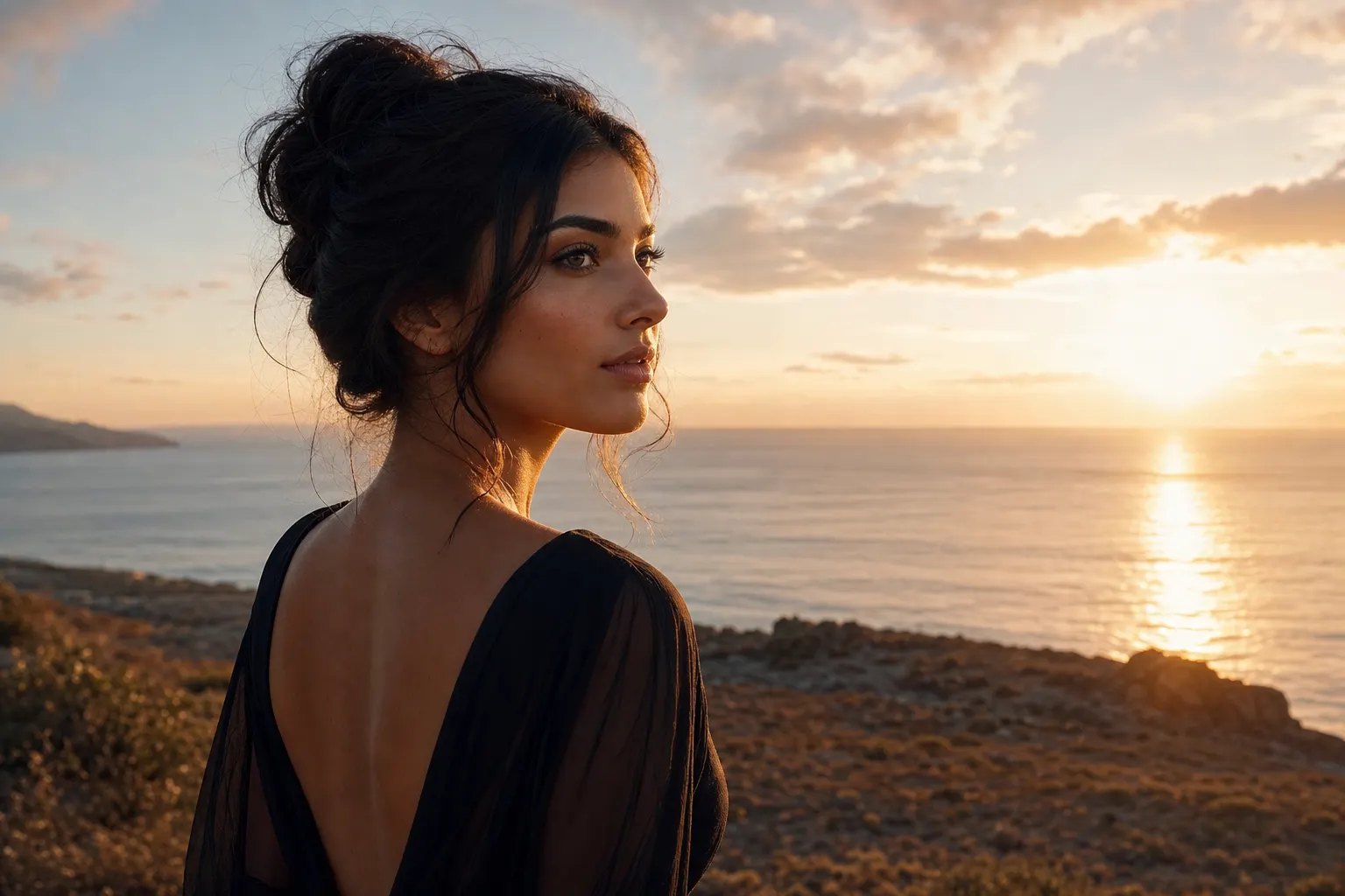 AI-generated image of a dark-haired woman in a black dress on a coastal headland at sunset, her face in a warm rim-lit profile against the low sun over the sea, texture and color still held in the brightest clouds around it.
