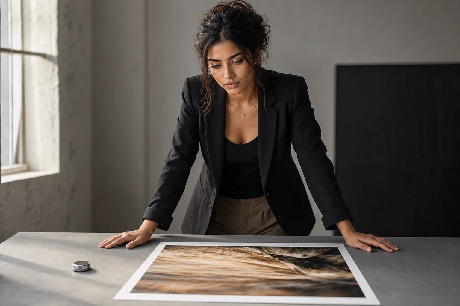 AI-generated image of a dark-haired woman in a black blazer leaning over a broad grey table, both hands resting flat on its edge, studying a single large photographic print laid in front of her: a warm brown abstract of windblown feather-like strands inside a white border. A small silver loupe lies closed and unused on the table beside the print. Soft daylight falls from a tall window at left across her face and the print.