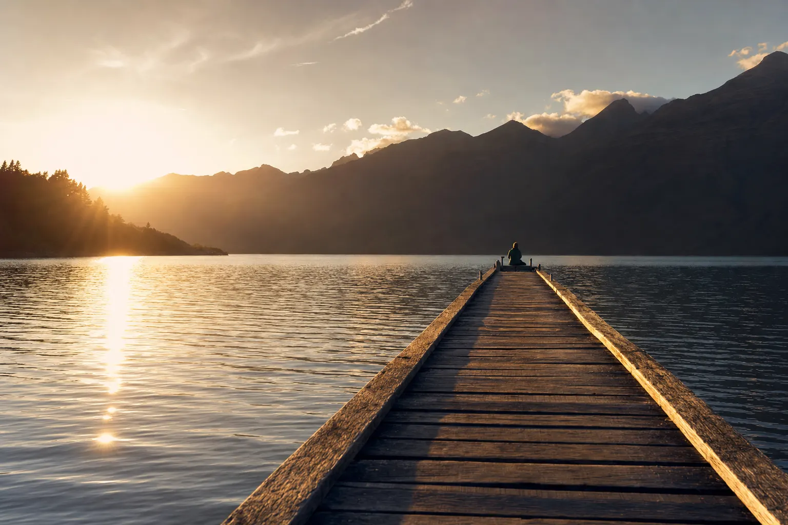 AI-generated image of a wooden jetty receding across a still lake at sunset, its converging planks leading the eye to a lone figure seated at the far end beneath silhouetted mountains.
