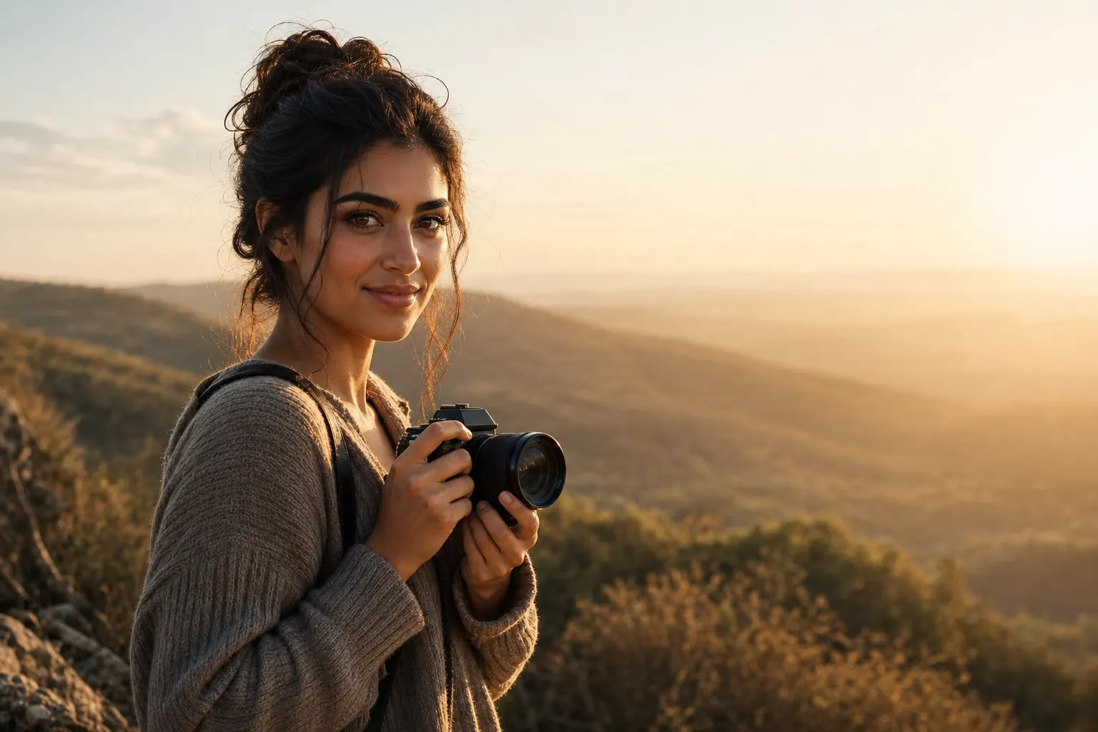 AI-generated image of a dark-haired woman in a chunky knit sweater standing on a hillside at golden hour, holding a black mirrorless camera at chest height in both hands and looking toward the camera with a warm smile, sweeping sunlit hills and an open hazy sky stretching behind her.