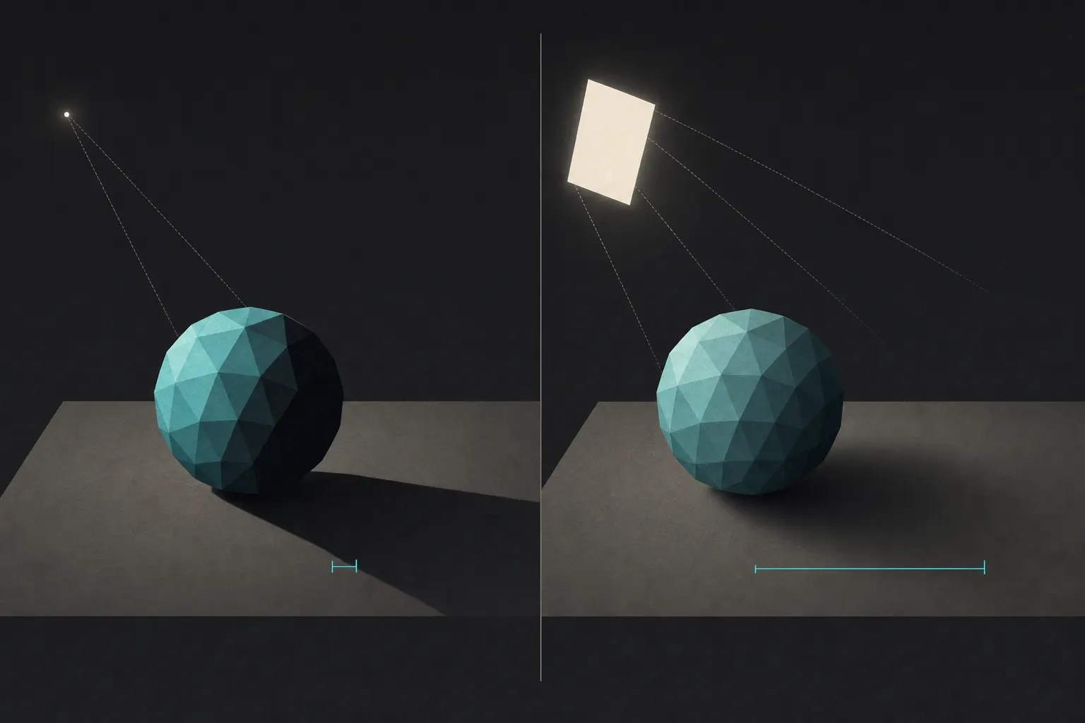 Flat two-panel diagram of the same faceted sphere lit two ways: on the left a small distant point source gives it an abrupt terminator and a crisp-edged cast shadow above a narrow teal bracket; on the right a large glowing panel turns the form gradually and spreads a wide, soft-edged shadow above a wide teal bracket.