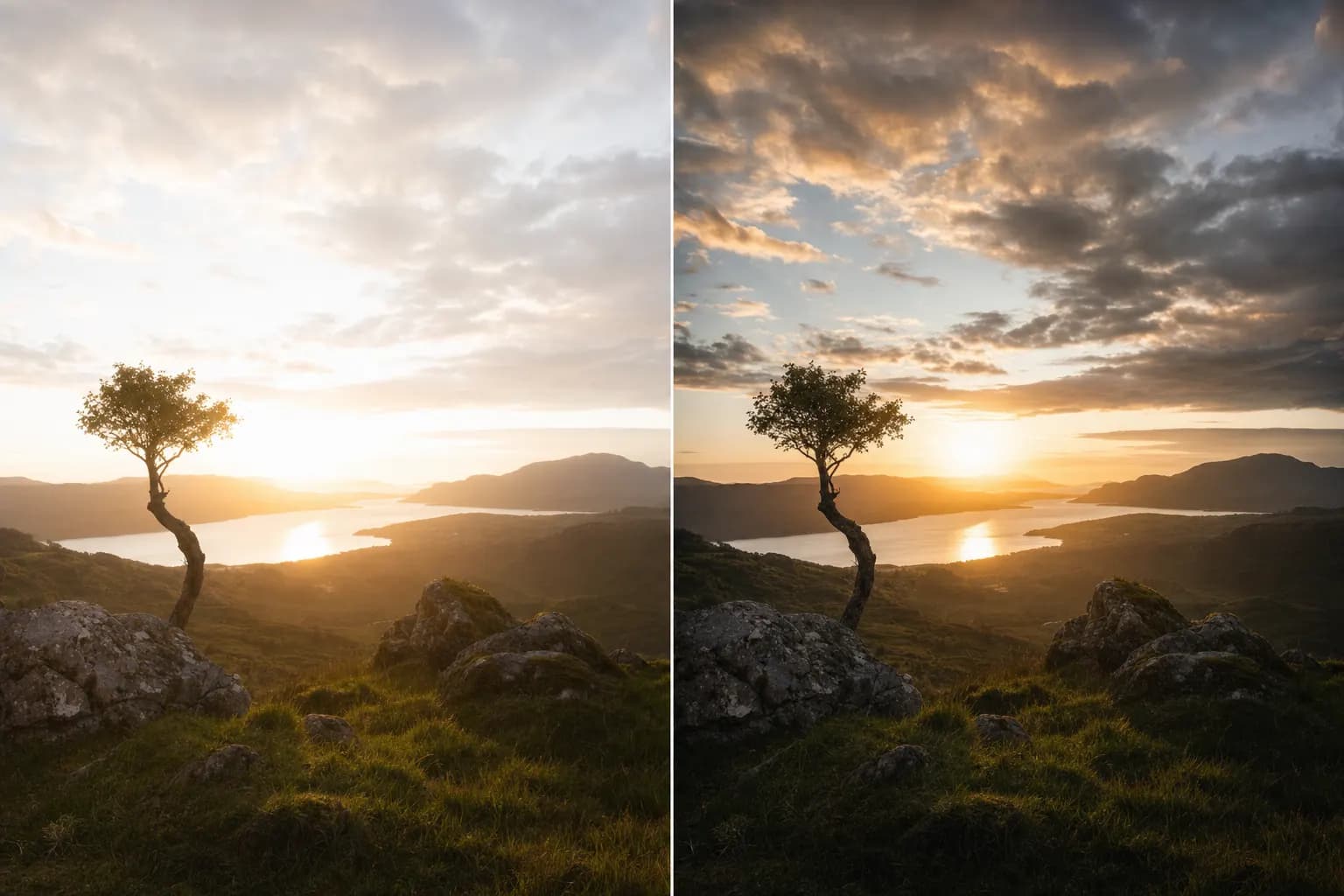 AI-generated before/after pair of the same lone bent tree above a sunlit loch: on the left the straight-from-camera frame with a bright sky still holding pale cloud detail; on the right the identical landscape with only the sky deepened and dramatic, every rock and grass blade below unchanged.