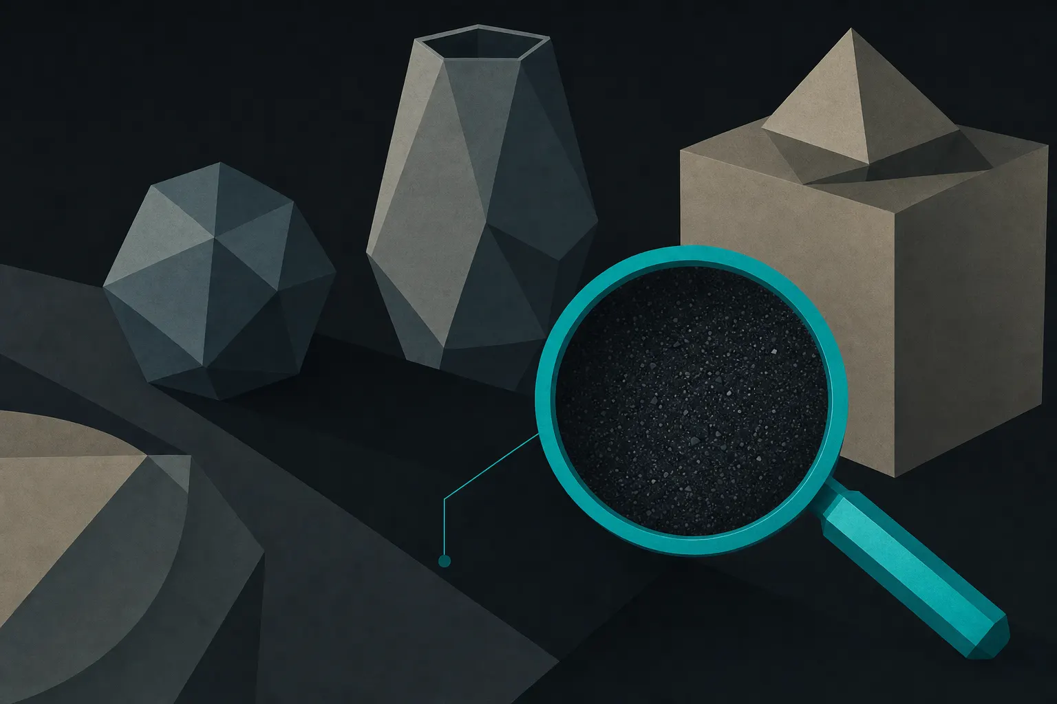 Flat illustration of a still life with a teal-rimmed loupe over a deep shadow, magnifying it to reveal fine random speckle, the noise that breeds in dark tones, while the rest of the scene reads clean.