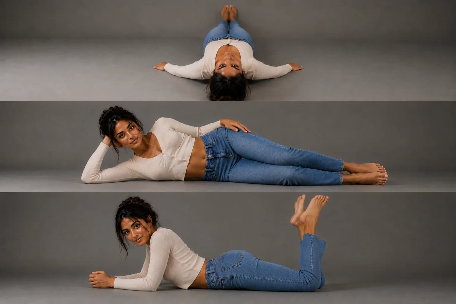 AI-generated three-row comparison of the same dark-haired woman lying on a grey studio floor. Top: flat on her back with the camera aimed down the length of her body from beyond her head, her face nearest the lens and the rest foreshortening away. Middle: on one hip propped on an elbow, photographed from ground level across her body, the line running along the floor. Bottom: on her front propped on both forearms, ankles crossed in the air behind her.