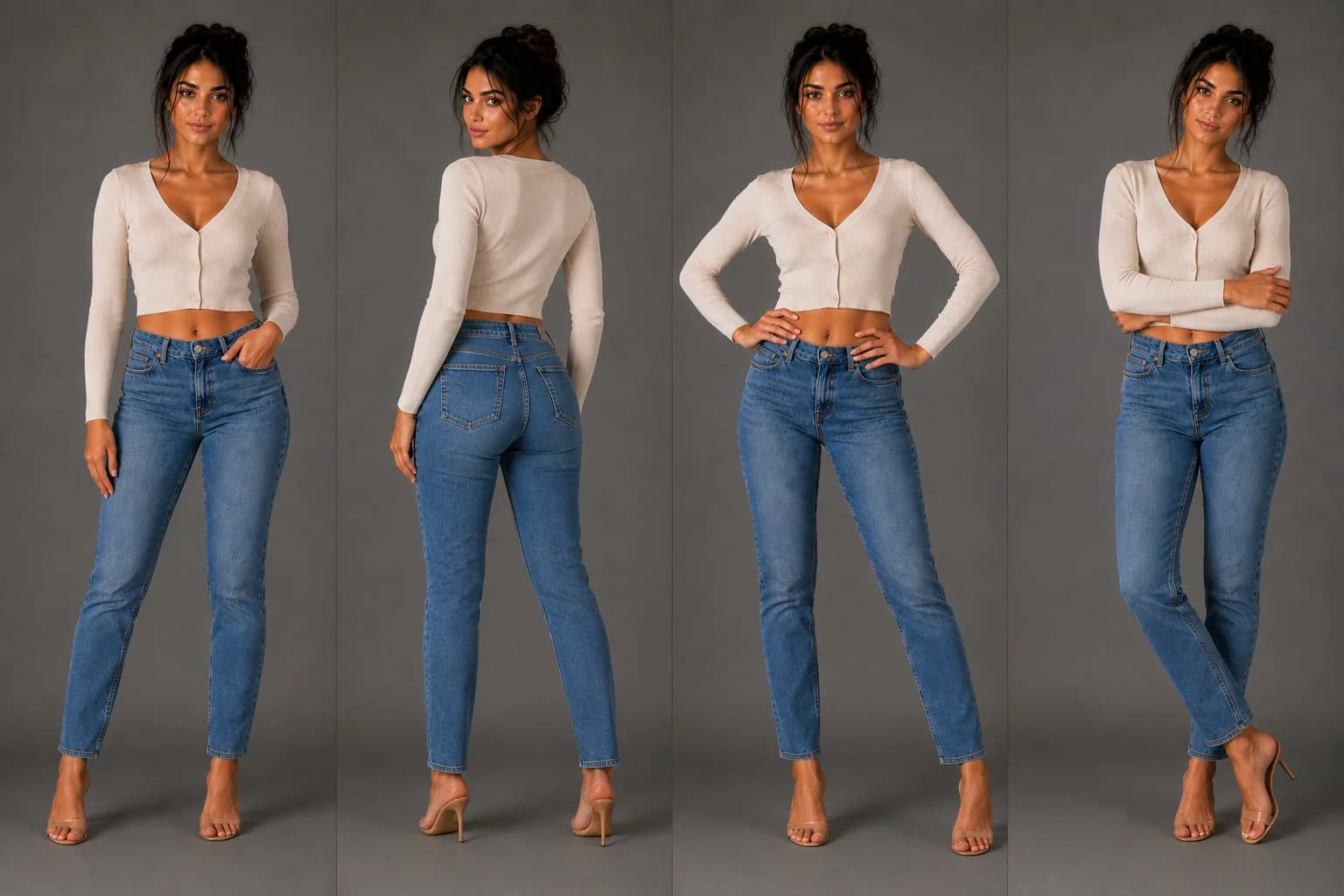 AI-generated four-panel sheet of the same dark-haired woman in a cream cardigan and blue jeans on a grey studio backdrop, standing full-length in four different poses: facing the camera with her weight settled onto one leg and a thumb hooked in a jeans pocket; from behind, looking back over her shoulder; facing forward with both hands on her waist, elbows opening triangles of space; and with arms softly crossed, head tilted, ankles crossed.